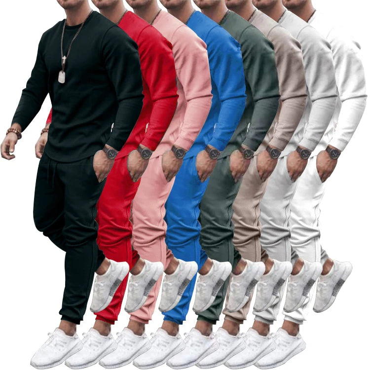 Customize Logo Solid Crop Tracksuit Men Jogger Crewneck Sweatshirt Sweatsuits  Knitting Plain Sweatshirt and Sweatpants Set