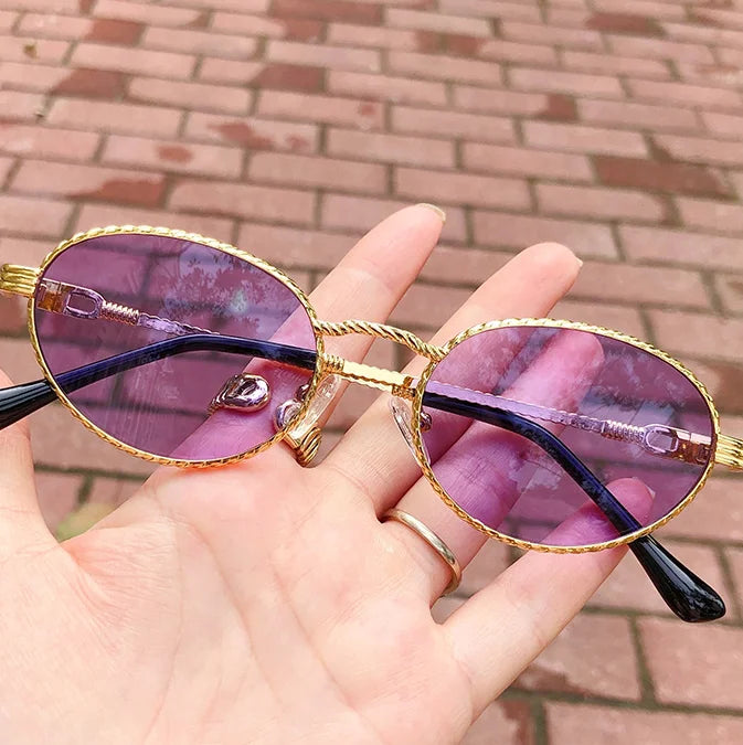 Qmoon Trendy Wholesale Classical Brand Sun Glasses Small Round Purple Metal Frame Punk Style Fashion Womens Custom Sunglasses