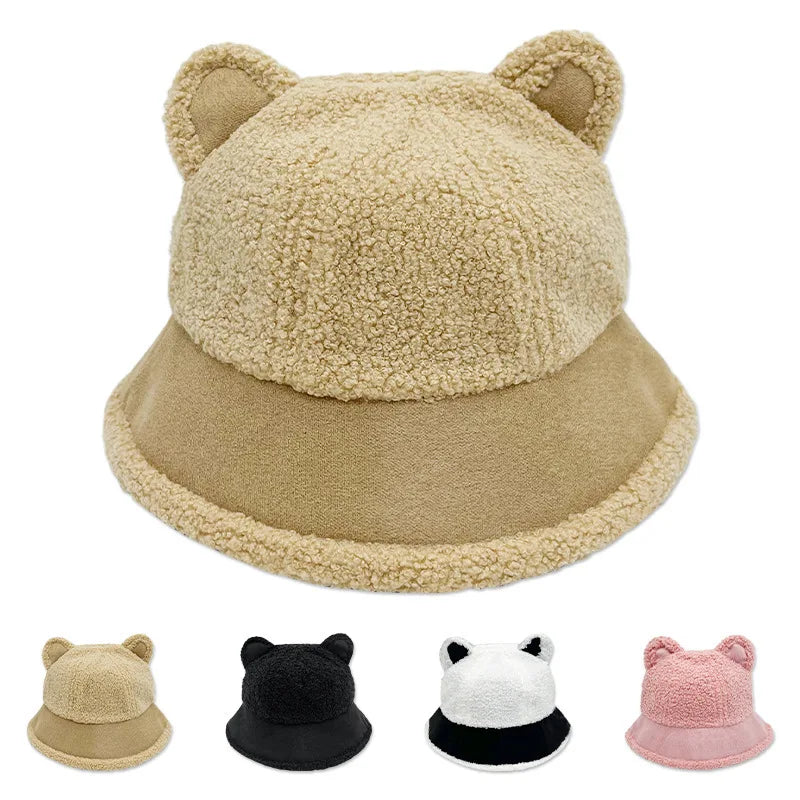 Custom logo New Lamb Knitted Cute Bear Ears Hat Soft Plush Thicken Outdoor Winter Bucket Hat for Women