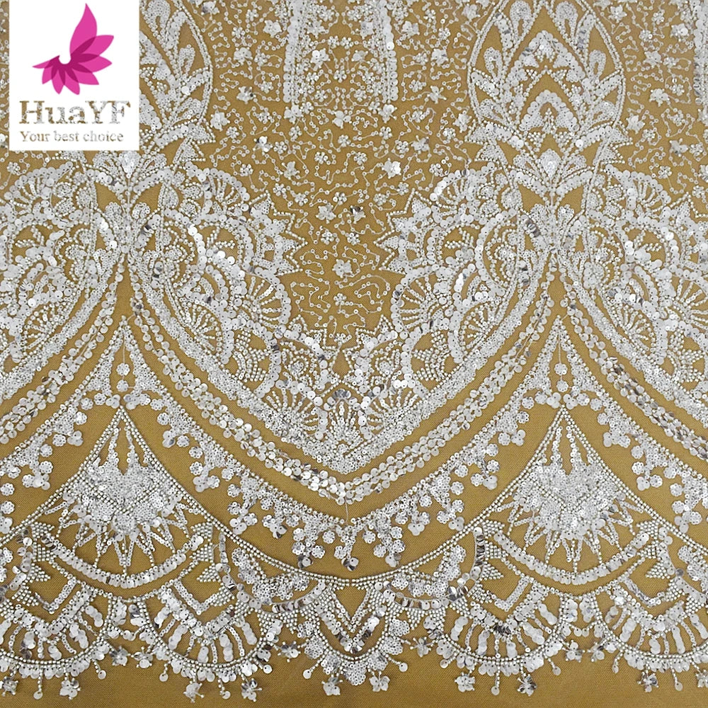 Luxury White Crystal Sequins Embroidered Heavy Beads Border Lace European Style  HY1957-1