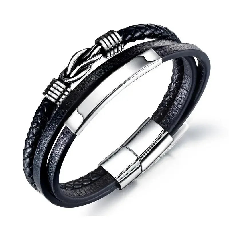 Customized Classic Italian Leather Bracelet for Men Personalized PH1372 Fashion Bangle with Love Plate Knot