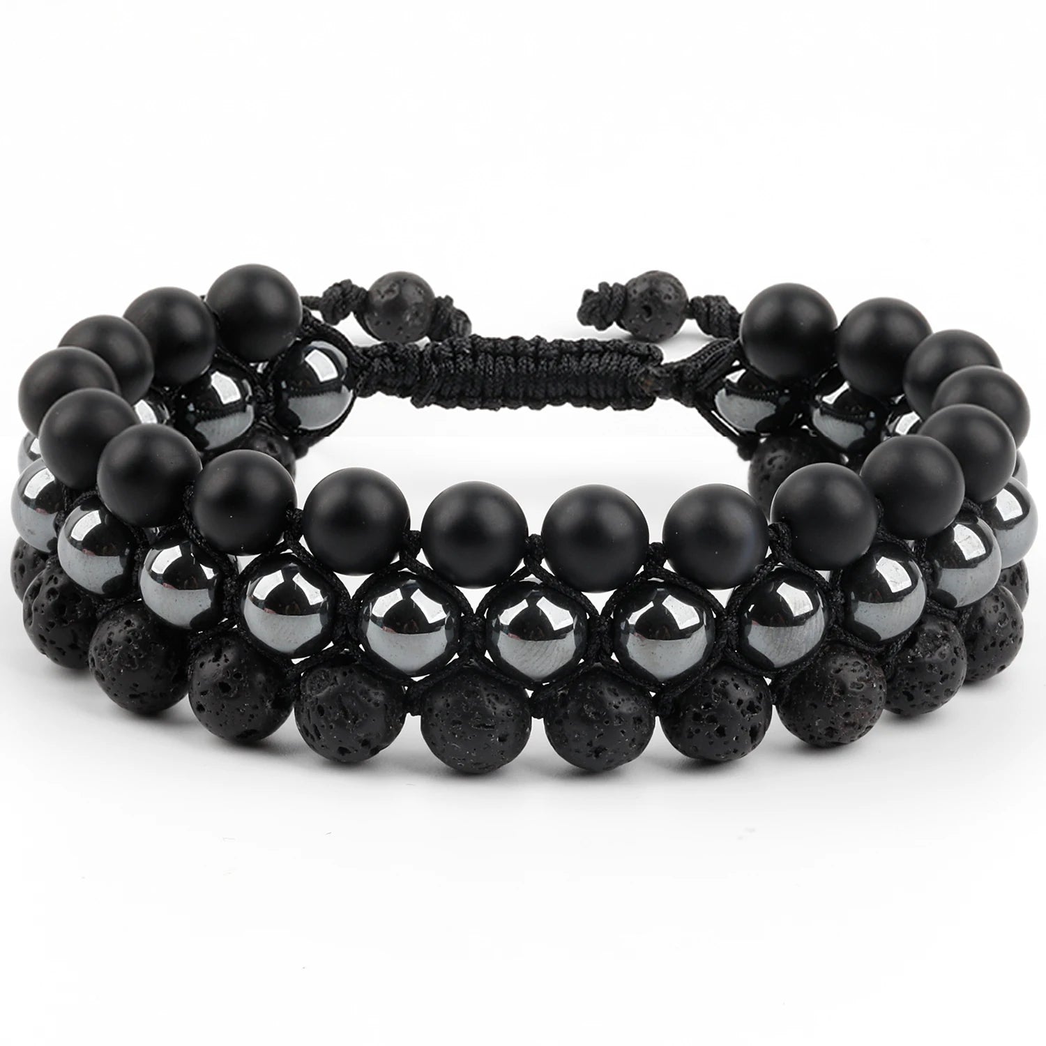 Men's Classic Matte Black Agate Lava Hematite Beaded Bracelet Trendy Bohemian Fashion Jewelry for Wedding Anniversary Party