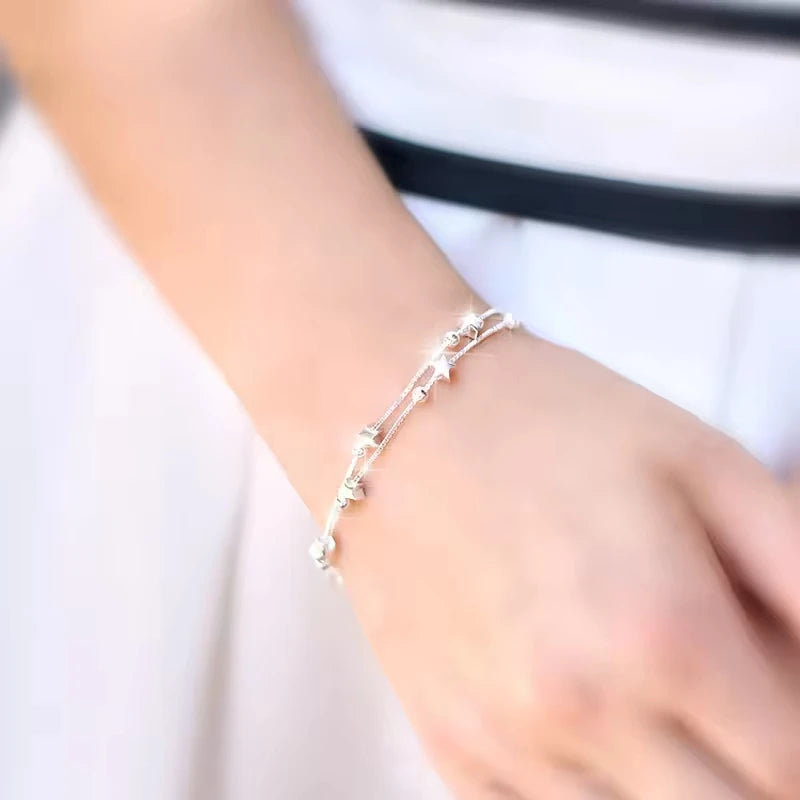 New Design Fashion Jewelry 925 Sterling Silver Star Double Layered Box Chain Bracelets for Women