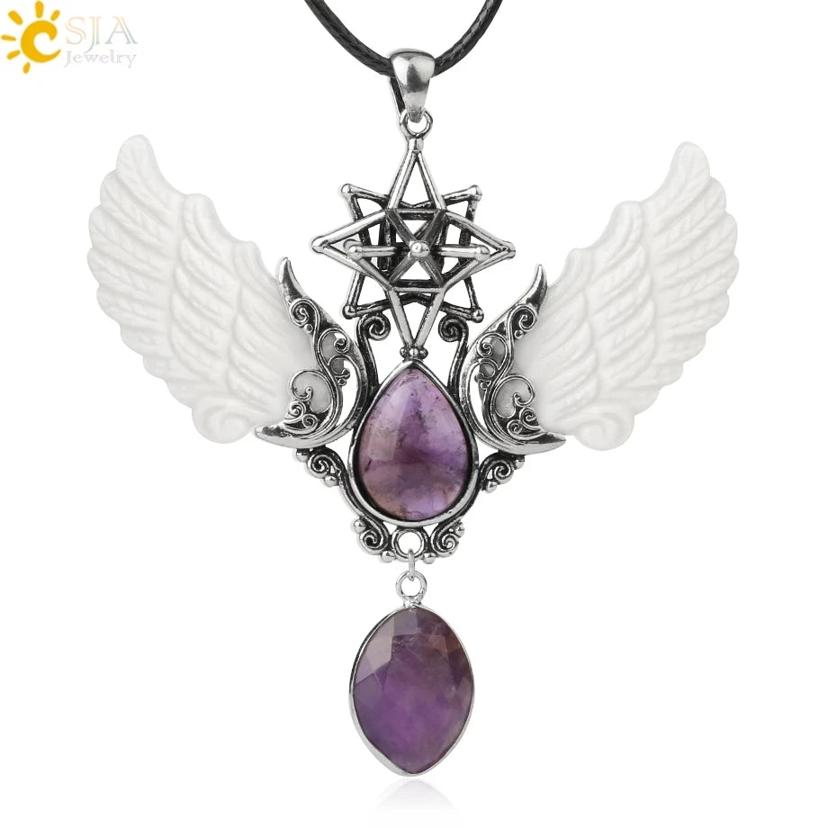 CSJA Water Drop Crystal Pendant Necklace Natural Stone Angel Wing Merkaba Charms Christmas Gift G780