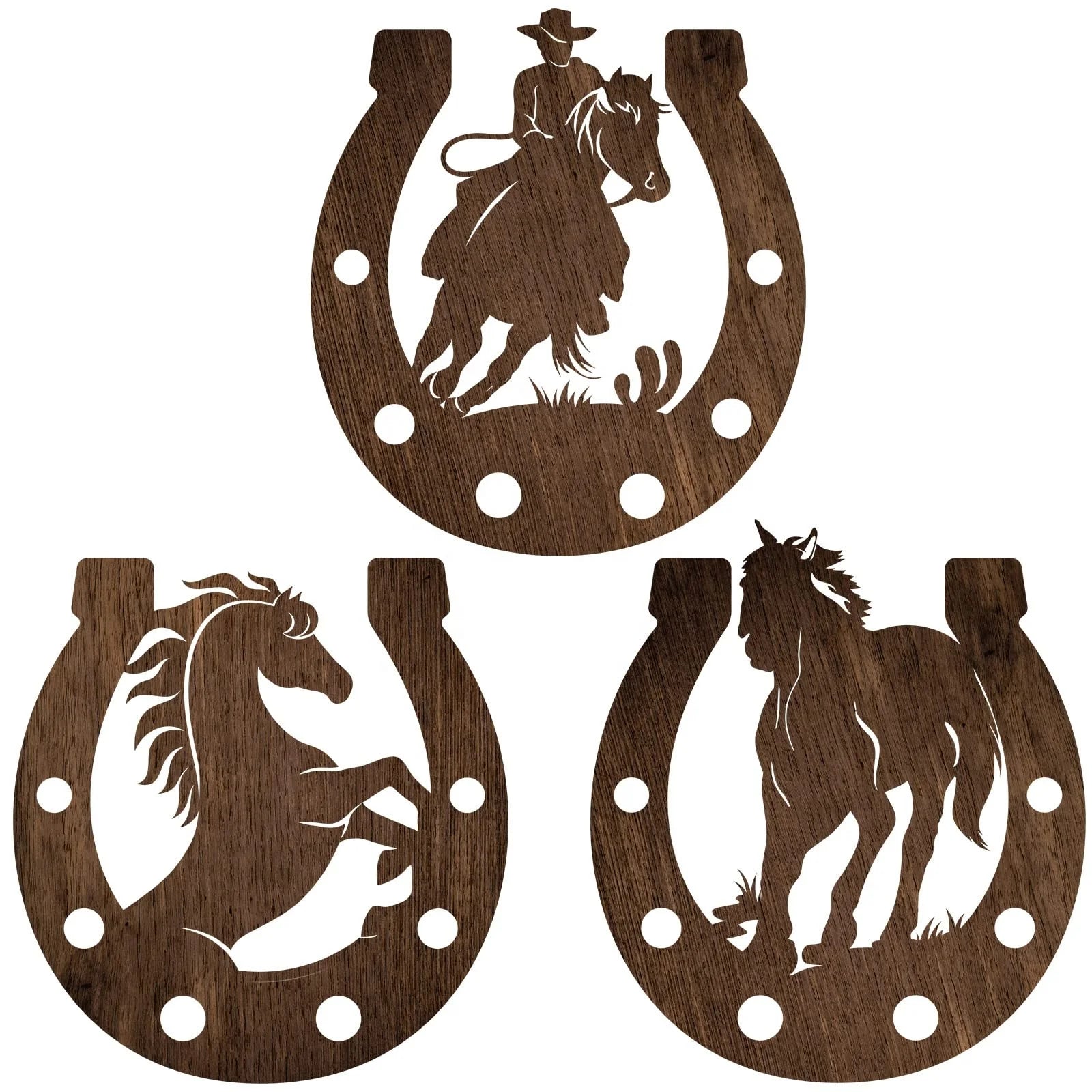 Best Seller Wood Art Wall Decor Horseshoe 3 Pcs Party Decorations Hanging Western Country Cowboy Decor