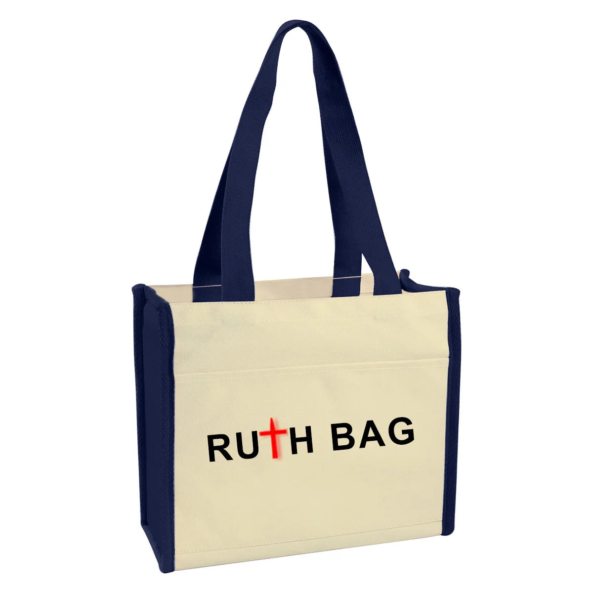 RUTH Custom Printed 12oz Cotton Canvas Medium Tote Bag Dual Purpose Shoulder & Pocket Black & Blue with Letter Pattern Shopping