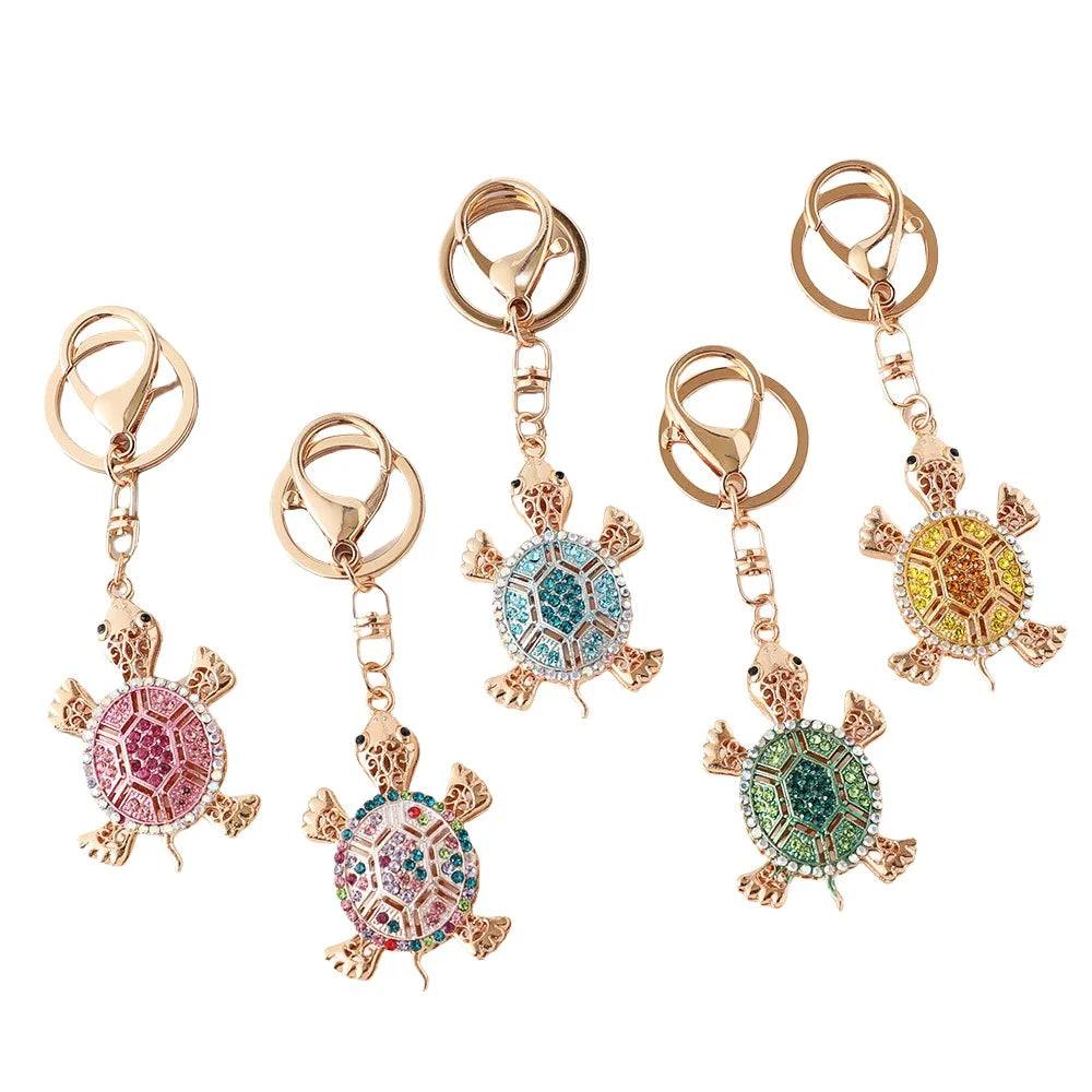 Mini Rhinestone Crystal Metal Turtle Charm Keychain Lovely Cartoon Sea Ocean Animal Tortoise Keyring Handbag Car Pendant Gift
