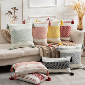Wholesale Chinese Style Design Decorative Cotton Pillow Case for Living Room Yarn-dyed Couch Cushion Cover With Tassels