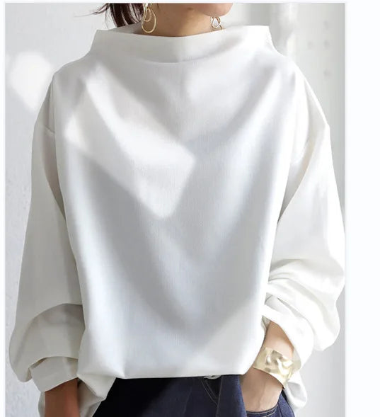 Ecoparty Women's Solid Sweatshirt High Neck Long Sleeves Loose Fit Casual Pullovers 2024 Spring/Autumn New Simple T-shirt Tops