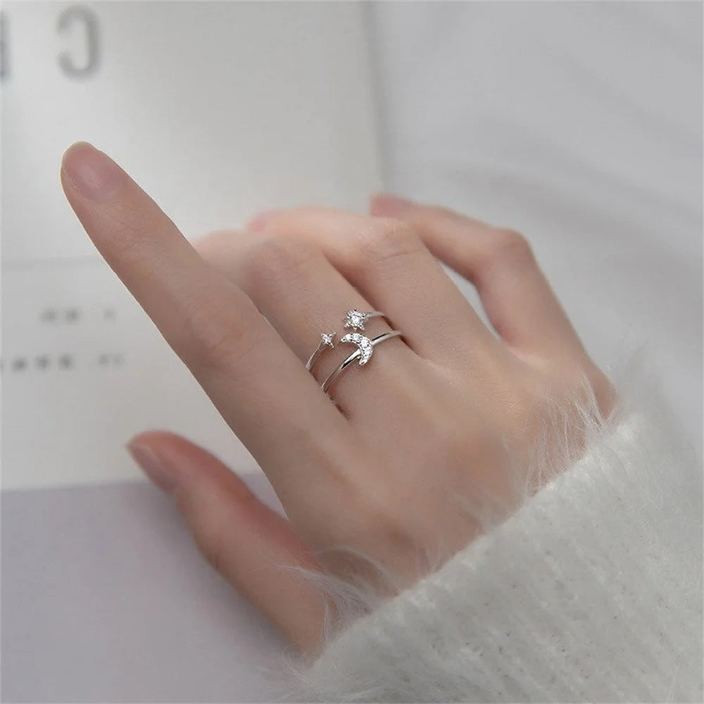 Ouj  Adjustable Sterling Silver Double Layer Moon Star Ring Fine Jewellery with Zircon Gift for Women