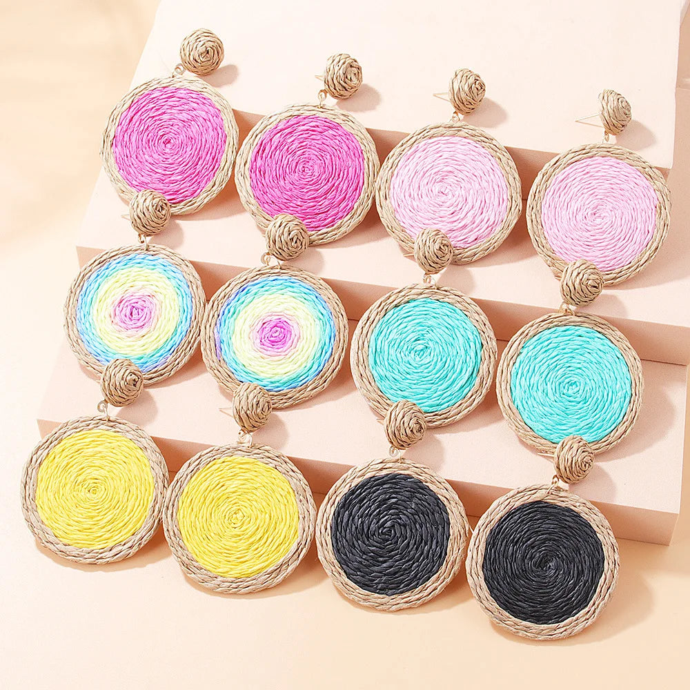 Summer Platinum Plated Retro New Bohemian Beach Style Raffia Hand-Woven Statement Twist Geometric Unisex Round Earrings