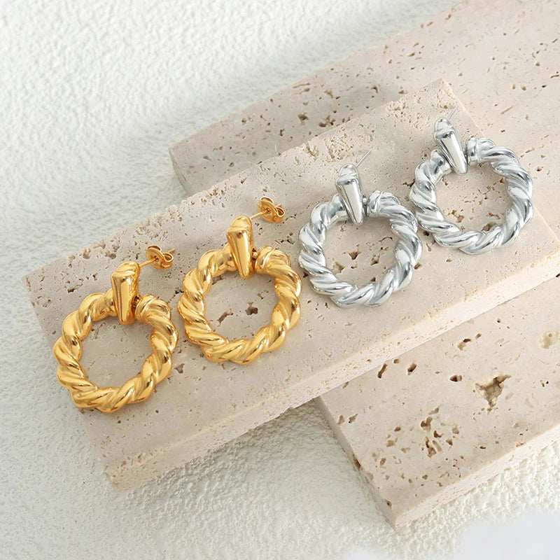 18K Gold Plated Bamboo Threader Stud Earrings Luxury Stainless Steel Set Trendy Fashion Jewelry with Copper Charm Pattern