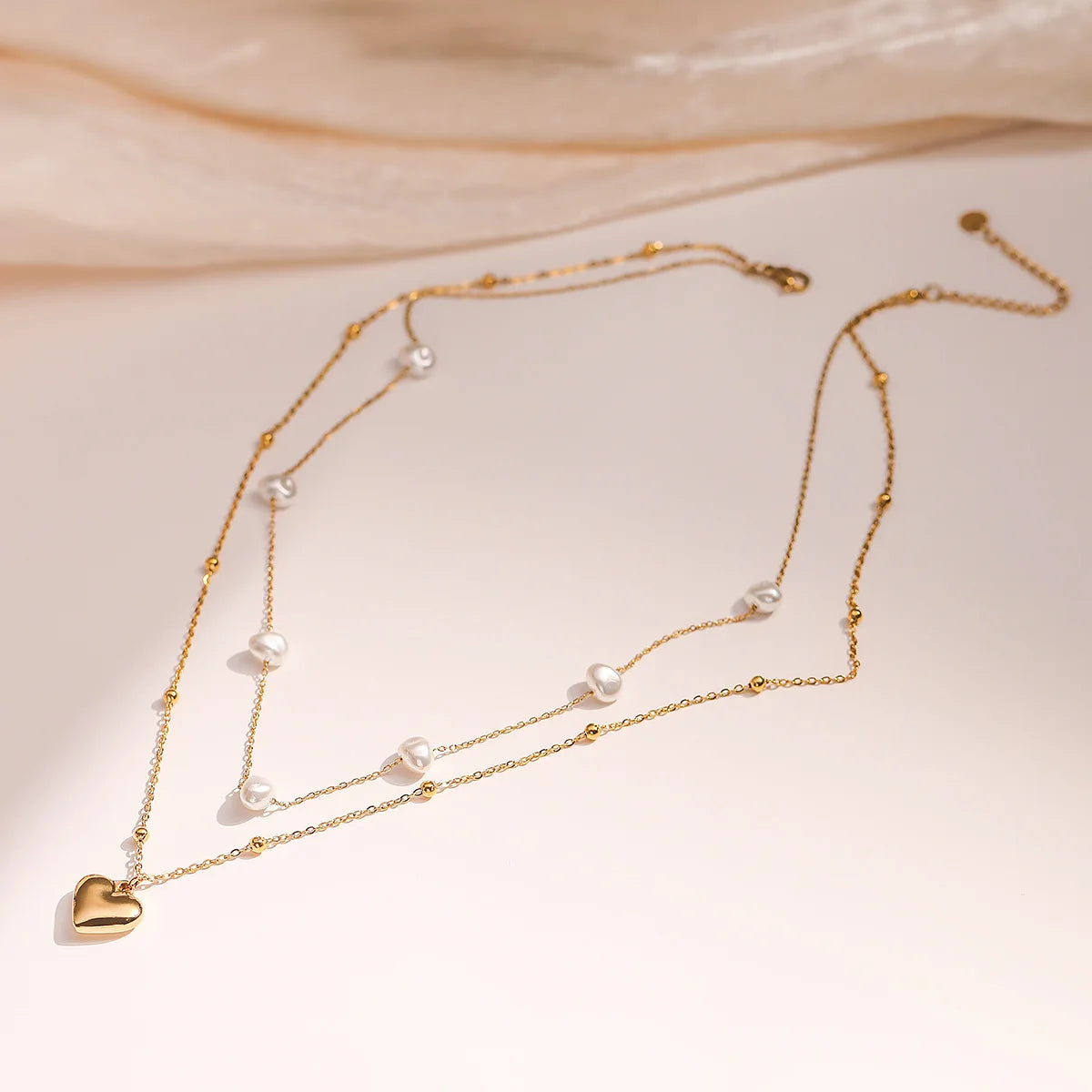 X088 Wholesale Custom Stainless Steel Gold Plated Collarbone Chain Double Stacked Pearl Charm Heart Shape Pendant Layer Necklace