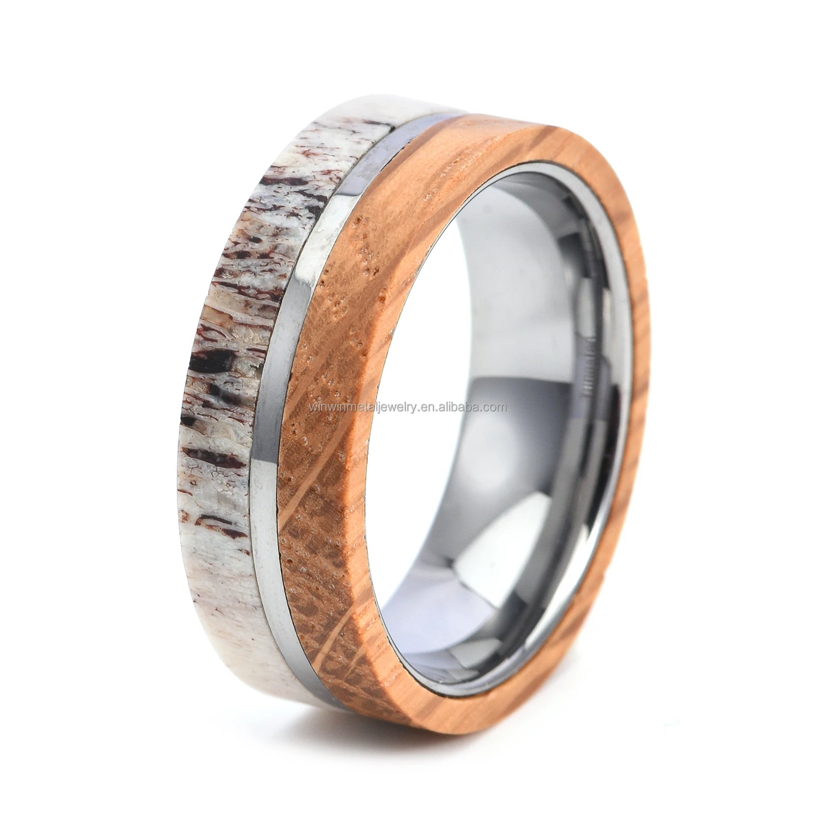 8mm Natural Deer Antler Ring Whiskey Barrel Wood Inlay Tungsten Carbide Ring Mens Wedding Engagement Band Fashion Jewelry Rings