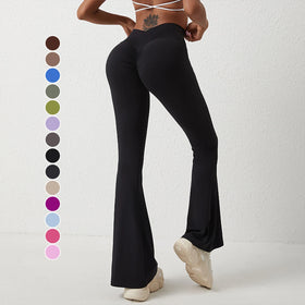 New Arrival Women's Solid Bell-Bottom Wide Leg Scrunch Butt Flared Nude Yoga Trousers Skin Friendly Sports Leggins Para Mujer