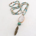 Fashion  Women Bohemia 6mm Necklace Pic Jasper Dalmatians Natural Stone White  Druzy Antique Bronze Feather Pendant Necklace