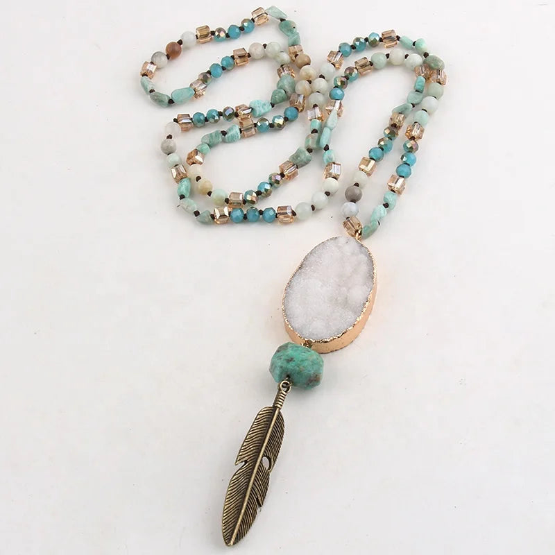 Fashion  Women Bohemia 6mm Necklace Pic Jasper Dalmatians Natural Stone White  Druzy Antique Bronze Feather Pendant Necklace
