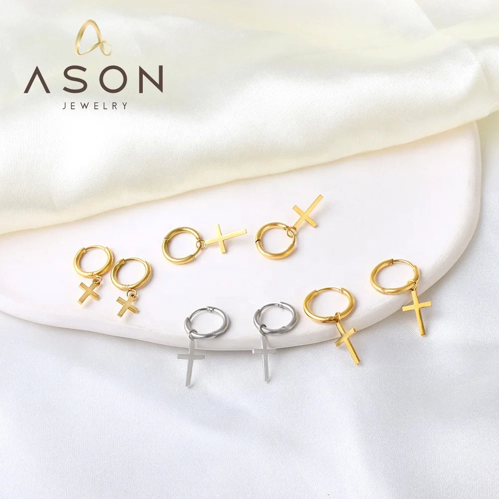 Ason Fashion Jewelry Manufacturer Hoop Charm Earrings Wholesale Bulk Stainless Steel Gold Cross Earrings for Men Women