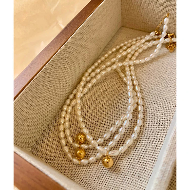 8mm Beads Natural Freshwater Pearl Necklace Stainless Steel Sphere Ball Beaded Necklaces Women French Vintage Elegant Jewelry