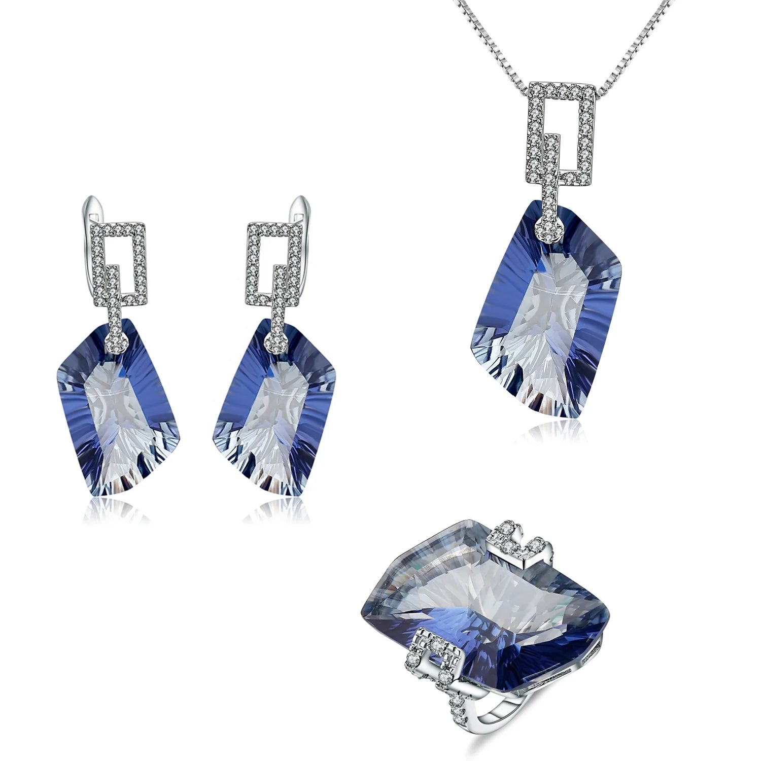 SD006 Abiding Fancy Cut Natural Mystic Quartz Wedding 925 Sterling Silver Jewelry Sets