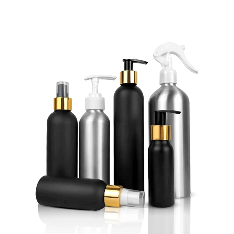 Customized Empty 100ml 200ml 300ml 500ml Black Aluminium Bottles  Spray Fine Mist Lid