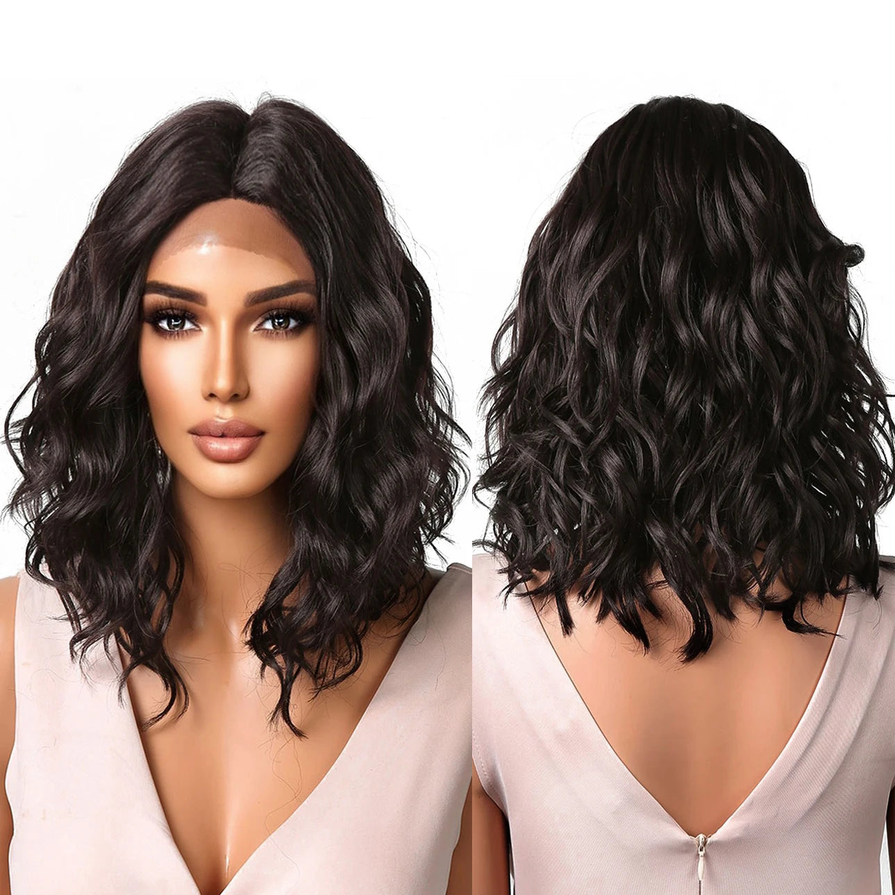 Japan Synthesis Black Brown Synthetic Lace Wigs Medium Curly Wave Natural Futura Lace Hair for Heat Resistant Wigs