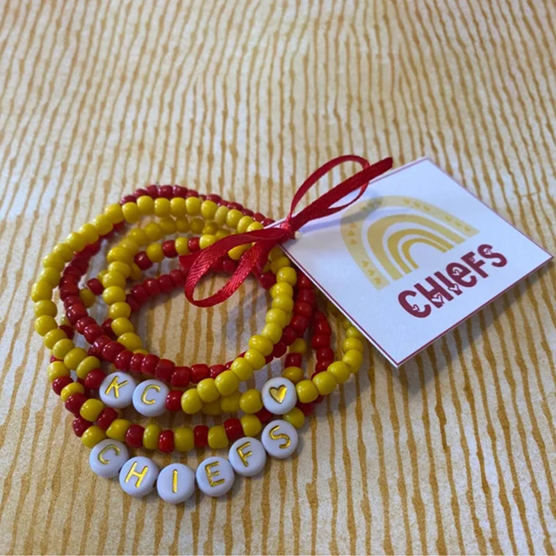 Custom NFL KC Chiefs University College Team Bracelet Set Sport Spirit Beads Bracelet Stack of 5