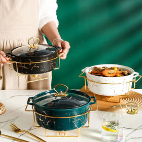 Nordic Two-ear Ceramic Pot with Marble and Gold Pattern Creative Bowl Holder with Candle Holder for Household Soup Bowl