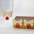Ilona Vintage Wedding Jewelry Set Copper Gold Plated Pave Zircon Bow Tie Bow and Ruby Pendant Necklace Earrings Set for Women
