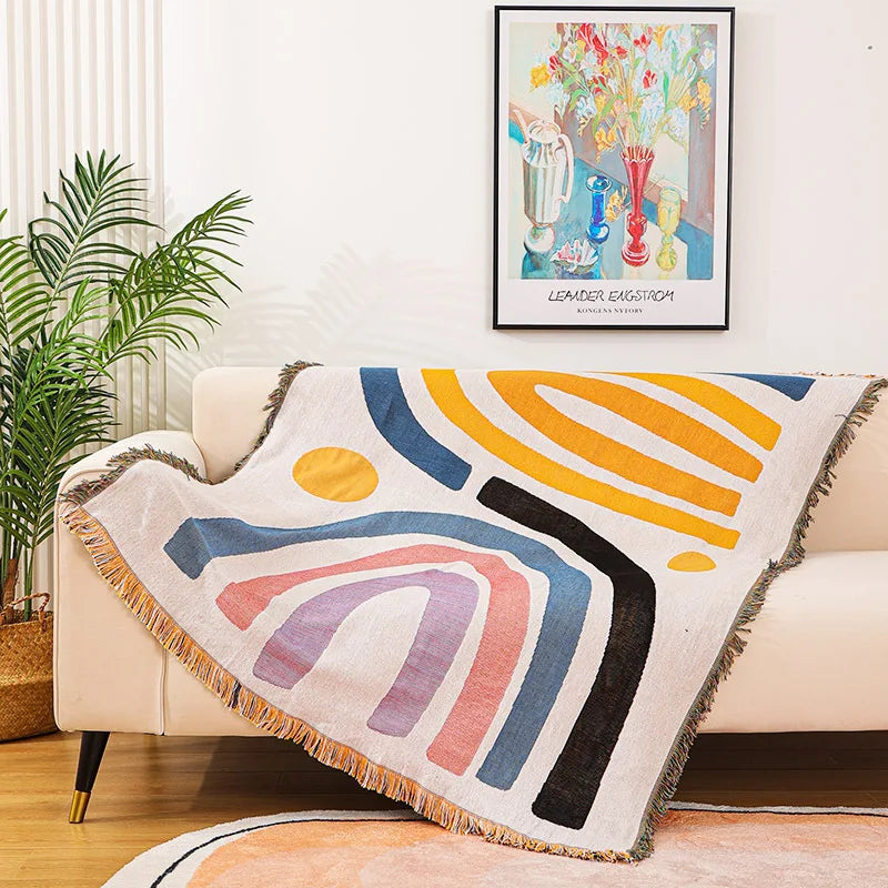 Rainbow Line Throw Blanket Picnic With Tassel Sofa Bed Decorative Boho Sofa Cover Blankets for Nordic Ins Style