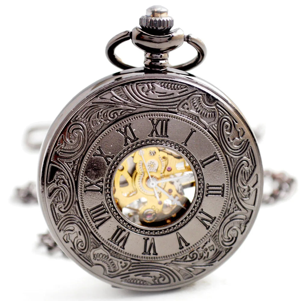 Antique Hollow Manual Bronze Hand Winding Mechanical Retro Roman Pocket Watch