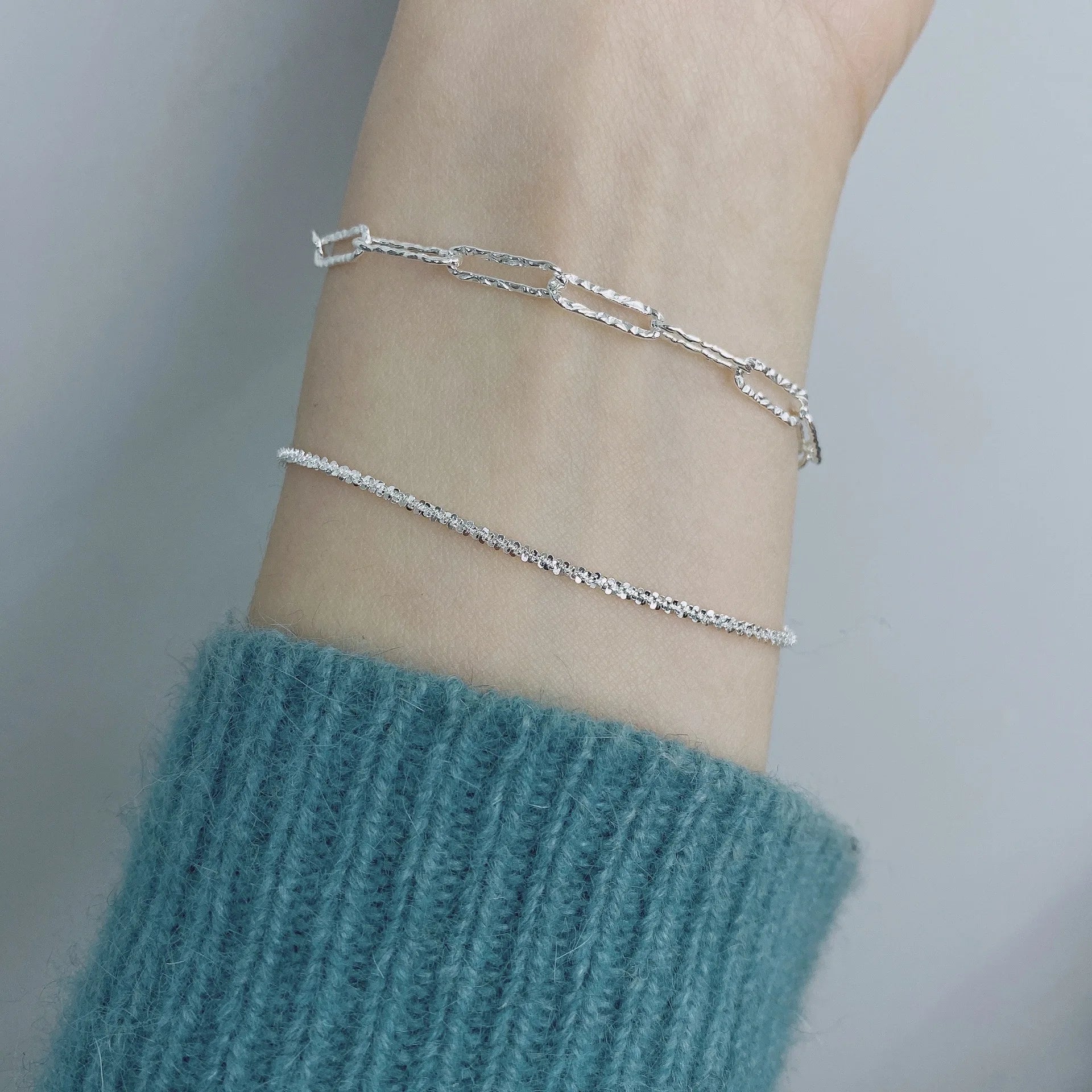925 Silver Jewelry Paper Clip Link Chain Stacking Bracelet for Women