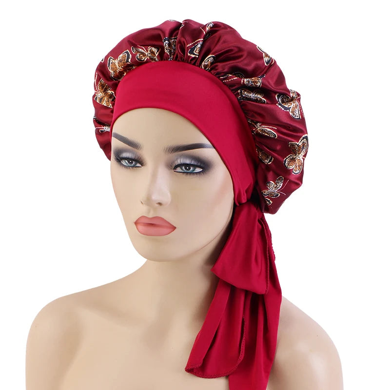 Flower Pattern Female Adjustable Satin Bonnet for Sleeping Women Medium Size Print Satin Sleep Bonnets With Elastic Ties