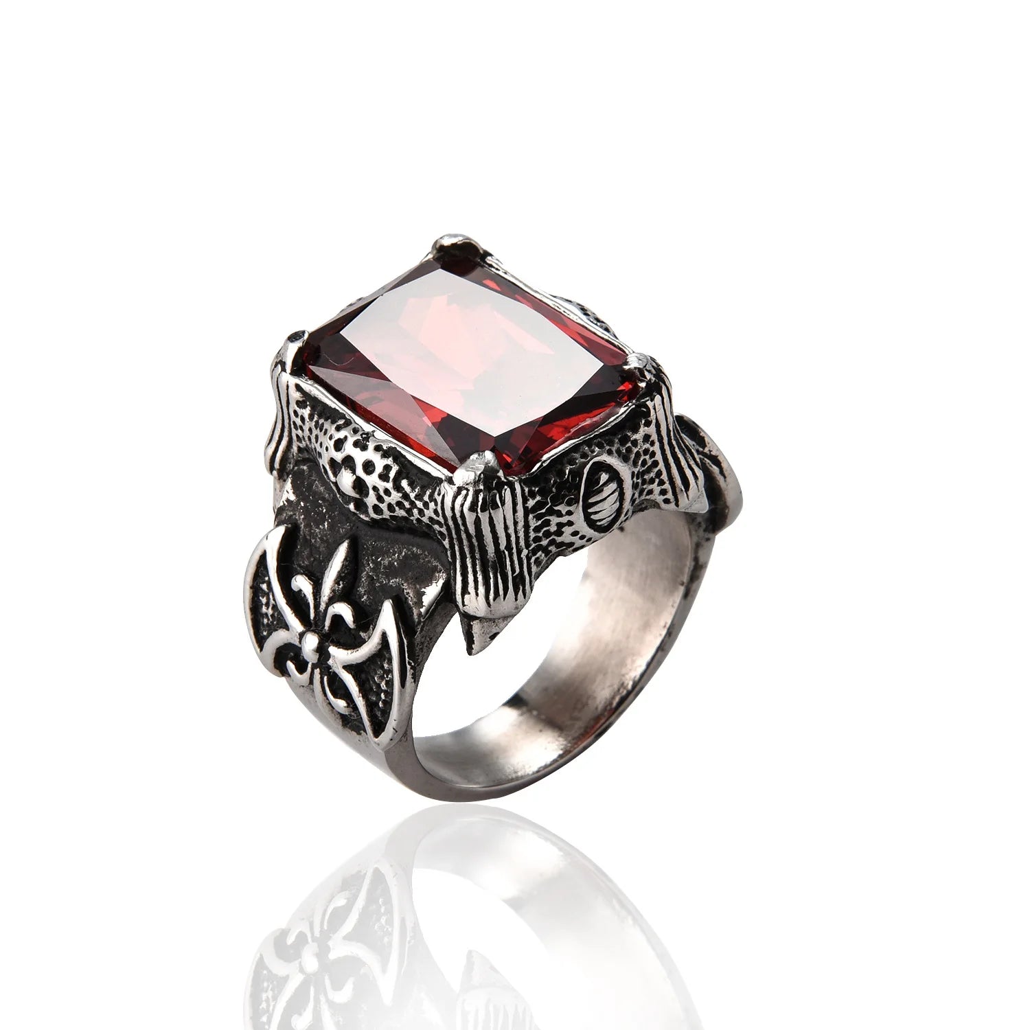 Wholesale Large Square Stainless Steel Dragon Claw Punk Rings with Rad Crystal Vintage Gemstone Man's Gemstone Ring