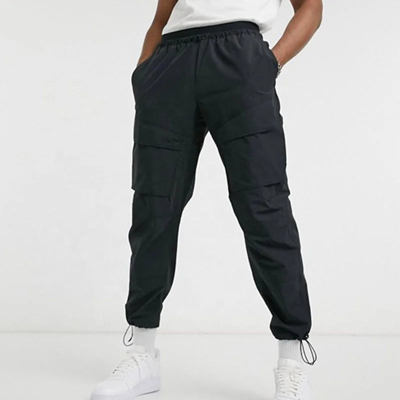 Wholesale Men Black Drawstring Waist Nylon Tracksuit Custom Men Jogger Cargo Baggy Pants Nylon Pants