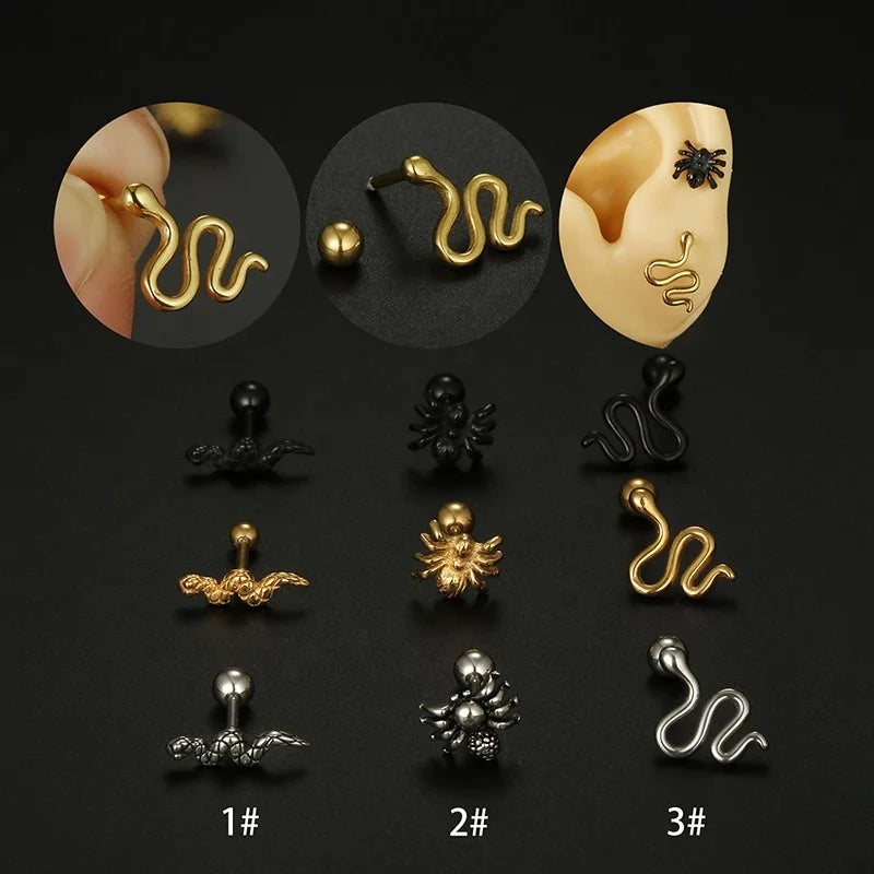 Gaby New Fashion Gold-Plated Stainless Steel Earrings Snake Spider Design Studs for Piercing Jewelry-for Gift