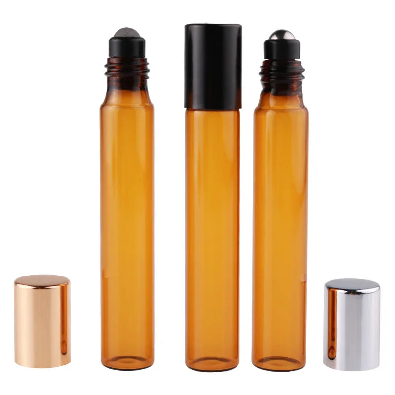 Stock 10ml D16mm * H85mm Thin Tall Amber Essential Oil Glass Roll on Bottle