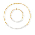 Hypoallergenic Non Tarnish Jewelry Stainless Steel Paperclip Chain 18K Gold Plated Pearl Beaded Necklace Bracelet YF2721