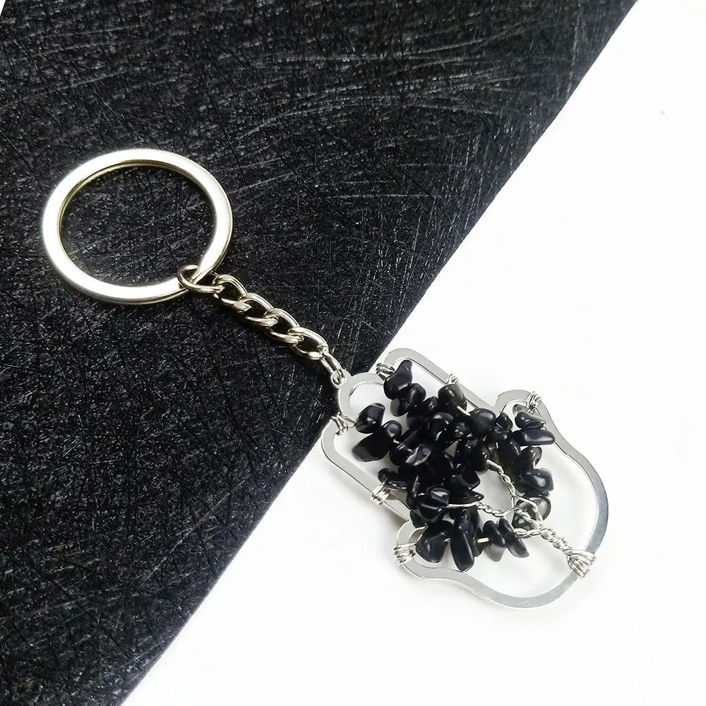 DIY Popular Hot Selling Tree Pendant Hand Wound Silk Key Chain Palm Fortune Tree Key Chain Black Obsidian Fortune Tree Key Chai Crystals Wholesale Bulk