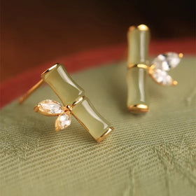 2024 Vintage Design Ear Studs Bamboo Leaf Earrings Classical Imitated Jade Fashion Earrings for Women