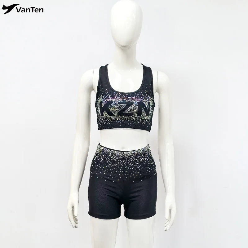 Hot Sale Latest Custom All Stars Full Rhinestones Competition Cheer Cheerleading Racer Back Crop Top and Shorts Super Sparkling