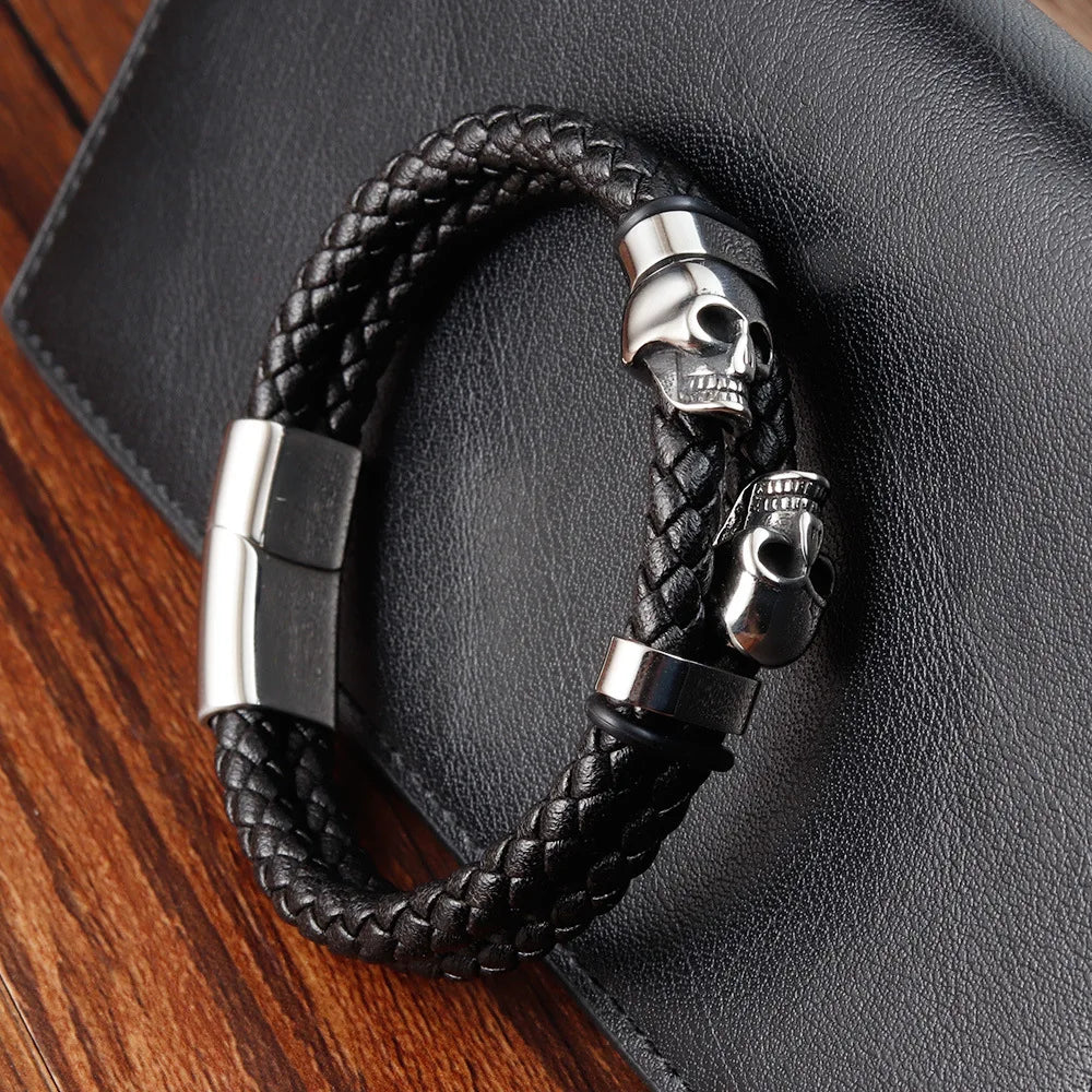 Stylish Personality Jewelry Vintage Viking Skull Stainless Steel Magnetic Clasp Men Multilayer Genuine Leather Bracelets