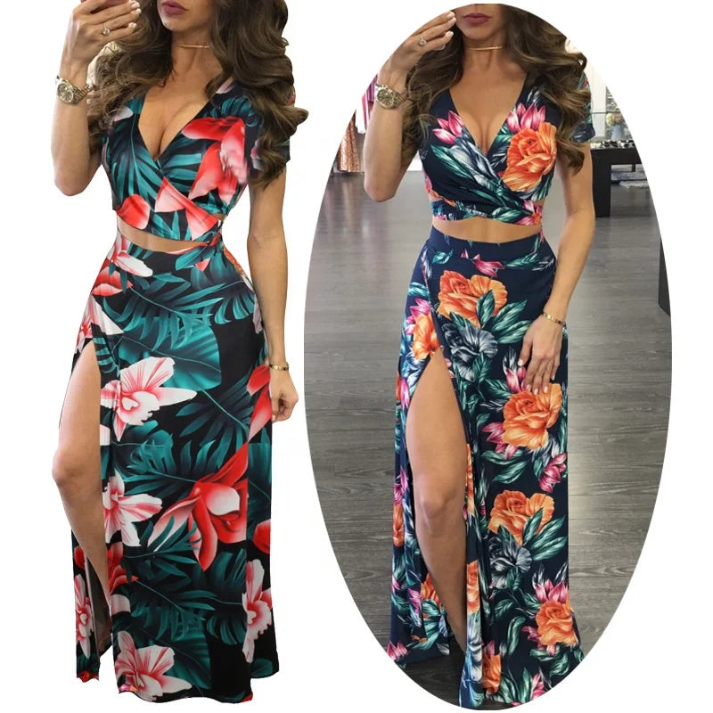 Womens Bohemian Two Piece Dress Sets Hawaiian Tropical Print Date Night Outfits Boho Crop Top Split Maxi Skirt Long Dress