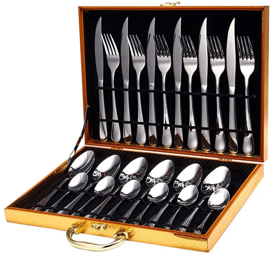 Stainless Steel Tableware Set Spoon and Fork 24pcs Silverware Flatware Gold Cutlery Set