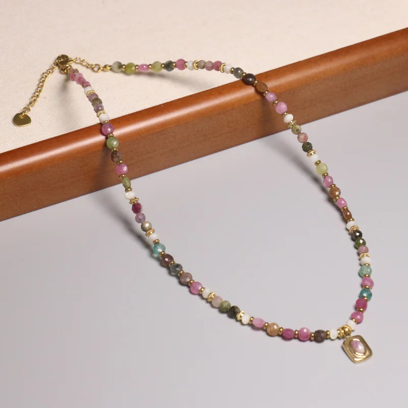 Bohemian Colorful Natural Tourmaline Minimalist Beaded Necklace Choker for Women Men Crystal Energy Stone Beach Necklace