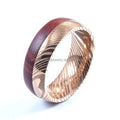 Unisex 8mm Rose Gold Plated Damascus Steel Wedding Ring with Koa Wood Inlay for Men's Parties Anniversaries