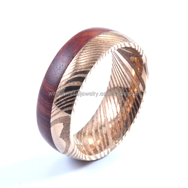 Unisex 8mm Rose Gold Plated Damascus Steel Wedding Ring with Koa Wood Inlay for Men's Parties Anniversaries
