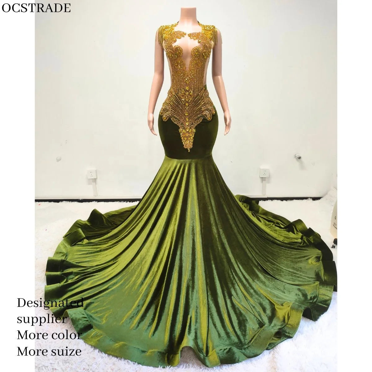 Ocstrade 2024 Woman Tassel Shoulder Crystal Prom Dresses Gold Rhinestone Green Train Elegant Gowns for Women Evening Dresses