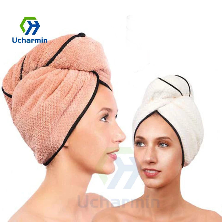 CHENGHE Hot Selling Microfiber Hair Towel Wrap for Women Quick Drying Hair Wrap Turban Bath Shower Woem Head Towel With Buttons