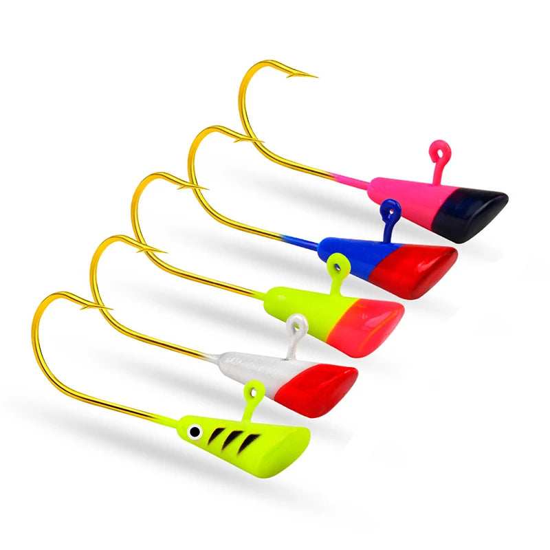 WEIHE 5pcs/bag 0.8g 2g 2.9g 5 Colors Jig Head Hook Lead Head Hooks for Soft Lures With Barb Fishing Accessories Trout Fishing